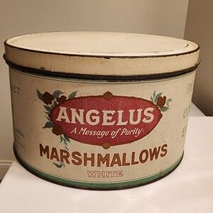 Large vintage tin container for Angelus Marshmallows. By Cracker Jack